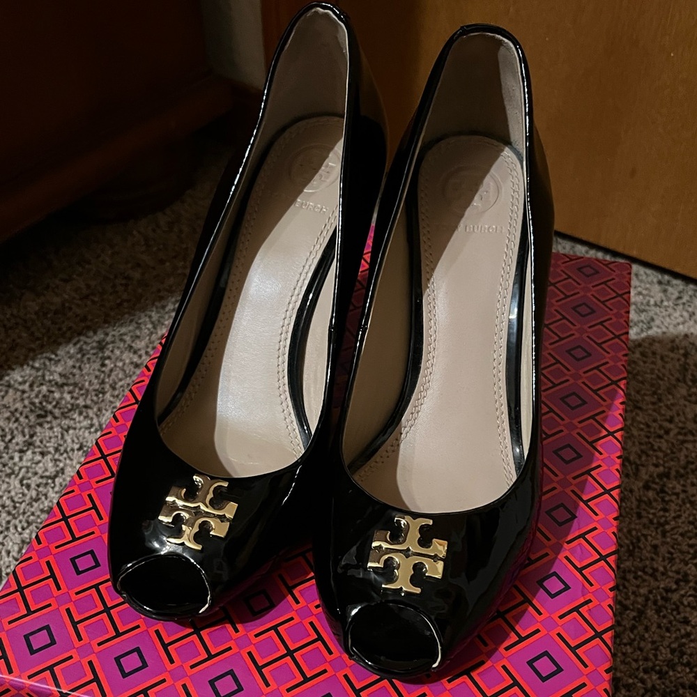Tory Burch Black Patent Jade Peep Toe
Pump Wedges